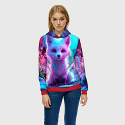 Толстовка-худи женская Песец в неоновом свете, цвет: 3D-красный — фото 2