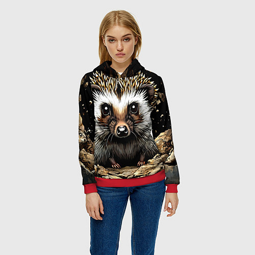 Женская толстовка Ёжик на черном / 3D-Красный – фото 3