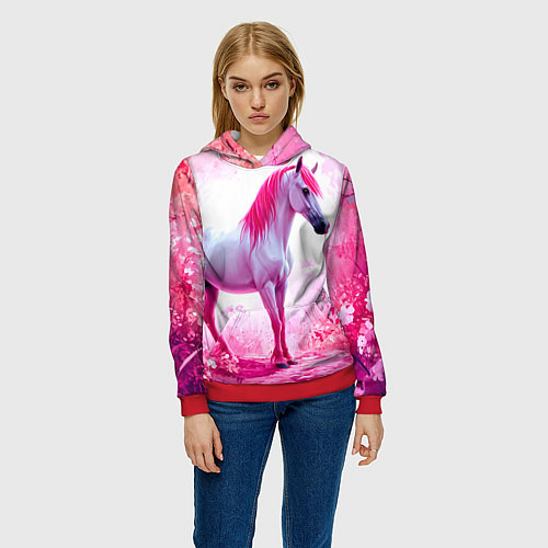 Женская толстовка Белая лошадь с розовой гривой / 3D-Красный – фото 3