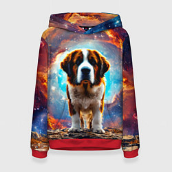 Толстовка-худи женская Сенбернар в космосе, цвет: 3D-красный