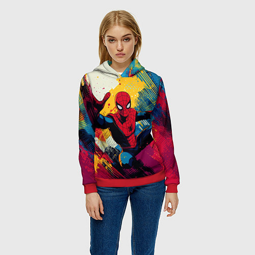 Женская толстовка Человек паук висит на паутине / 3D-Красный – фото 3