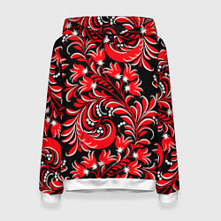 Толстовка-худи женская Хохлома - красная роспись, цвет: 3D-белый