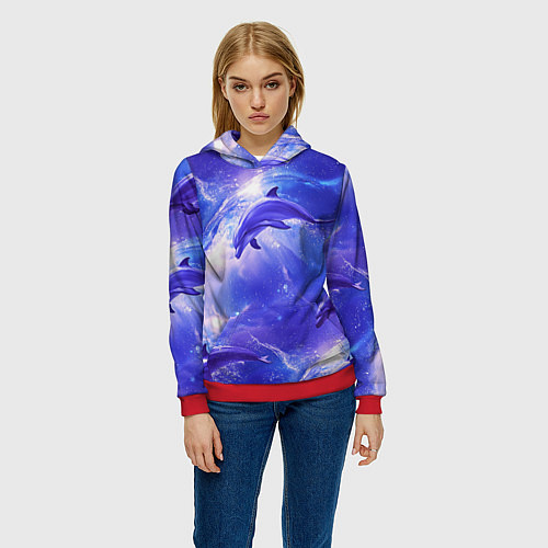 Женская толстовка Дельфины в волшебном море паттерн / 3D-Красный – фото 3