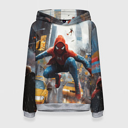 Толстовка-худи женская Человек-паук пробирается сквозь такси, цвет: 3D-меланж