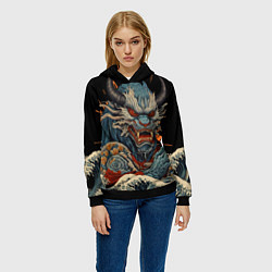 Толстовка-худи женская Японский дракон и волны в стиле тату ирезуми, цвет: 3D-черный — фото 2