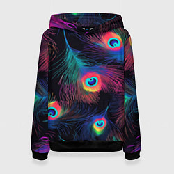 Толстовка-худи женская Павлиньи перья - разные оттенки, цвет: 3D-черный