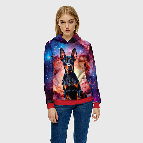 Женская толстовка Доберман в космосе / 3D-Красный – фото 3