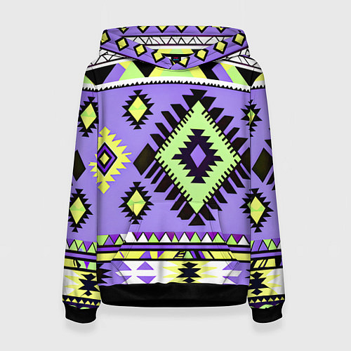 Женская толстовка Геометрический сиренево желтый орнамент ацтеков / 3D-Черный – фото 1