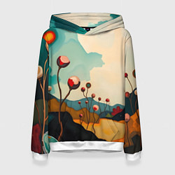 Толстовка-худи женская Сюрреалистичный пейзаж с цветами, цвет: 3D-белый