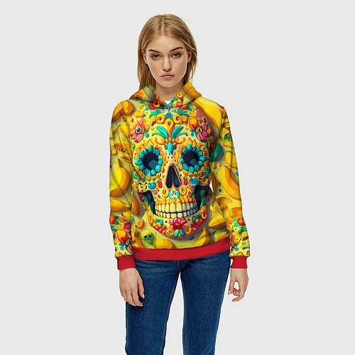 Женская толстовка Красочный летний паттерн с черепом - нейроарт / 3D-Красный – фото 3