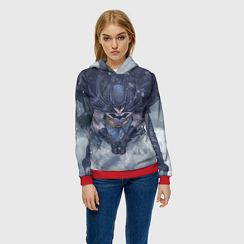 Женская толстовка Бэтмен на фоне снегопада / 3D-Красный – фото 3