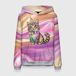 Толстовка-худи женская Котенок в костюме единорога, цвет: 3D-меланж
