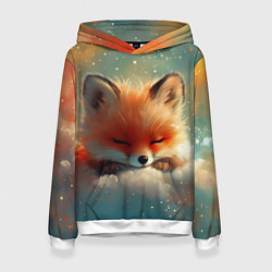 Толстовка-худи женская Лисенок спит на облаке, цвет: 3D-белый