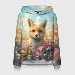Толстовка-худи женская Лиса в цветочном поле, цвет: 3D-меланж