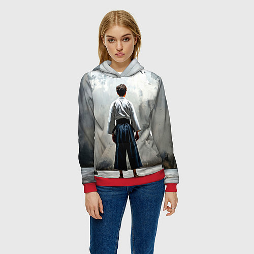 Женская толстовка Боец айкидо на сером / 3D-Красный – фото 3