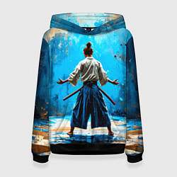 Толстовка-худи женская Боец айкидо на синем, цвет: 3D-черный