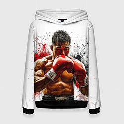 Толстовка-худи женская Тайский боксер на белом, цвет: 3D-черный