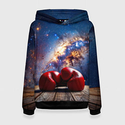 Толстовка-худи женская Боксерские перчатки в космосе, цвет: 3D-черный