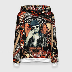 Толстовка-худи женская Nirvana Kurt Cobain на фоне гитар, цвет: 3D-белый