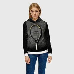 Толстовка-худи женская Теннисная ракетка на черном, цвет: 3D-белый — фото 2