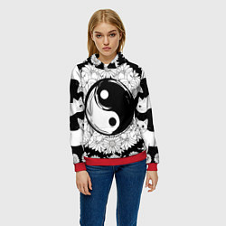 Толстовка-худи женская Инь янь цветы с котами, цвет: 3D-красный — фото 2