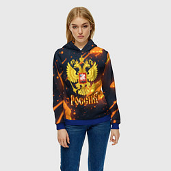 Толстовка-худи женская Герб России и оранжевая лава, цвет: 3D-синий — фото 2