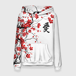 Толстовка-худи женская Сакура с иероглифом Любовь, цвет: 3D-белый