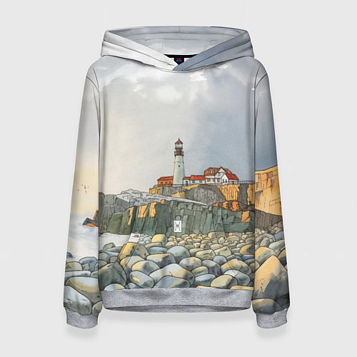 Женская толстовка Маяк и камни на пляже - акварельный рисунок / 3D-Меланж – фото 1