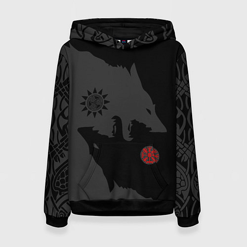 Женская толстовка Волки викингов с обережными символами - тату / 3D-Черный – фото 1
