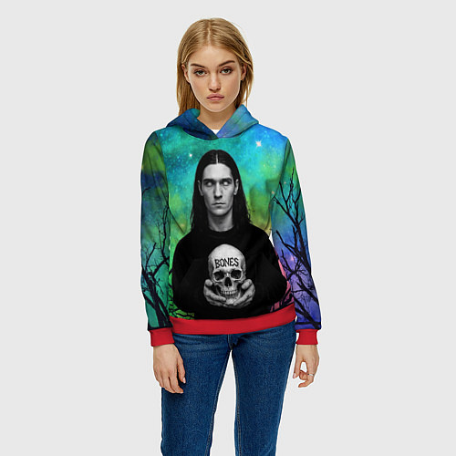Женская толстовка Bones без зрачков держит череп в руках / 3D-Красный – фото 3