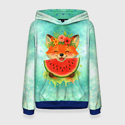 Толстовка-худи женская Веселая лисичка ест арбуз, цвет: 3D-синий
