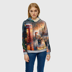 Толстовка-худи женская Красная телефонная будка на набережной, цвет: 3D-меланж — фото 2