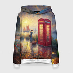 Толстовка-худи женская Женщина у телефонной будки на набережной, цвет: 3D-белый