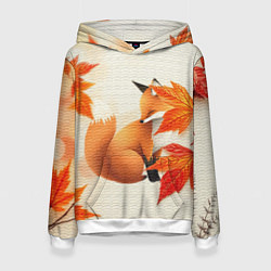 Толстовка-худи женская Лиса под осенними листьями, цвет: 3D-белый