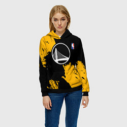 Толстовка-худи женская Голден Стэйт Уорриорз - брызги желтой краски, цвет: 3D-черный — фото 2