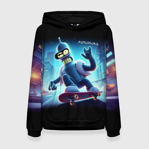 Женская толстовка Bender is a skateboarder in neon street - ai art / 3D-Черный – фото 1