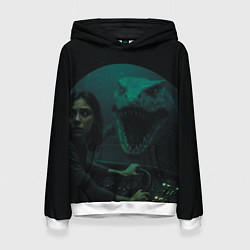 Толстовка-худи женская Тилозавр нападает на батискаф с девушкой ужасы, цвет: 3D-белый