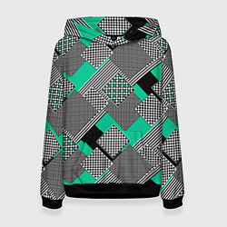 Толстовка-худи женская Черно бирюзовая абстрактная геометрия пэчворк, цвет: 3D-черный