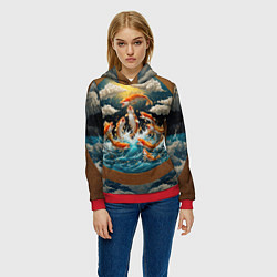 Толстовка-худи женская Большие золотистые рыбы выпрыгивают из воды, цвет: 3D-красный — фото 2