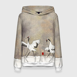 Толстовка-худи женская Журавли зимняя акварель, цвет: 3D-белый