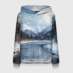 Толстовка-худи женская Снежный горный пейзаж с елями и рекой, цвет: 3D-меланж