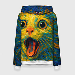 Толстовка-худи женская Мемный кот в стиле Ван Гога, цвет: 3D-белый