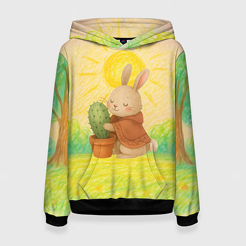 Женская толстовка Заяц обнимает кактус / 3D-Черный – фото 1