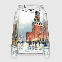 Толстовка-худи женская Новогодний Кремль, цвет: 3D-белый