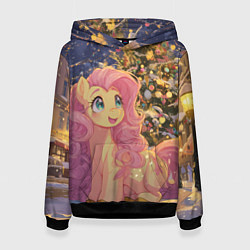 Толстовка-худи женская Милая пони и новый год, цвет: 3D-черный