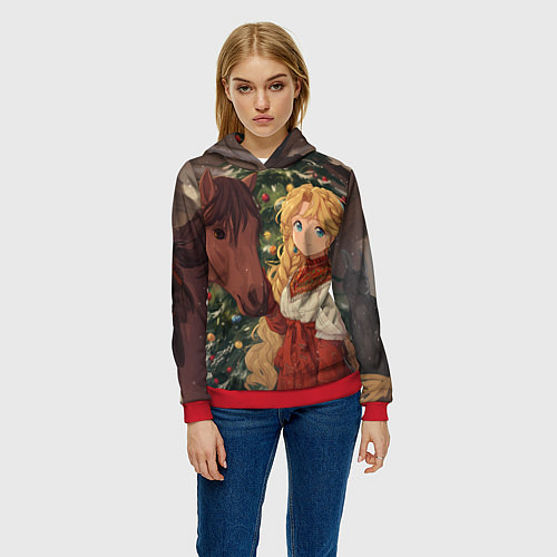 Женская толстовка Аниме девочка с лошадкой встречают Новый год / 3D-Красный – фото 3
