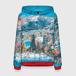 Толстовка-худи женская Новогодняя деревушка в горах, цвет: 3D-красный