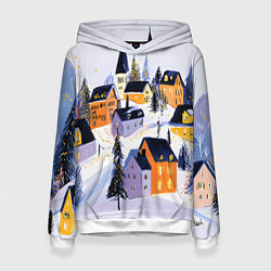 Толстовка-худи женская Новогодние домики на горе, цвет: 3D-белый