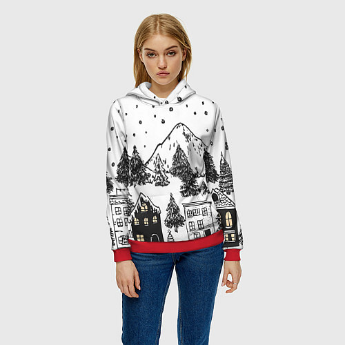 Женская толстовка Заснеженный черно-белый город / 3D-Красный – фото 3