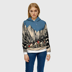 Толстовка-худи женская Небольшой новогодний город в горах, цвет: 3D-белый — фото 2